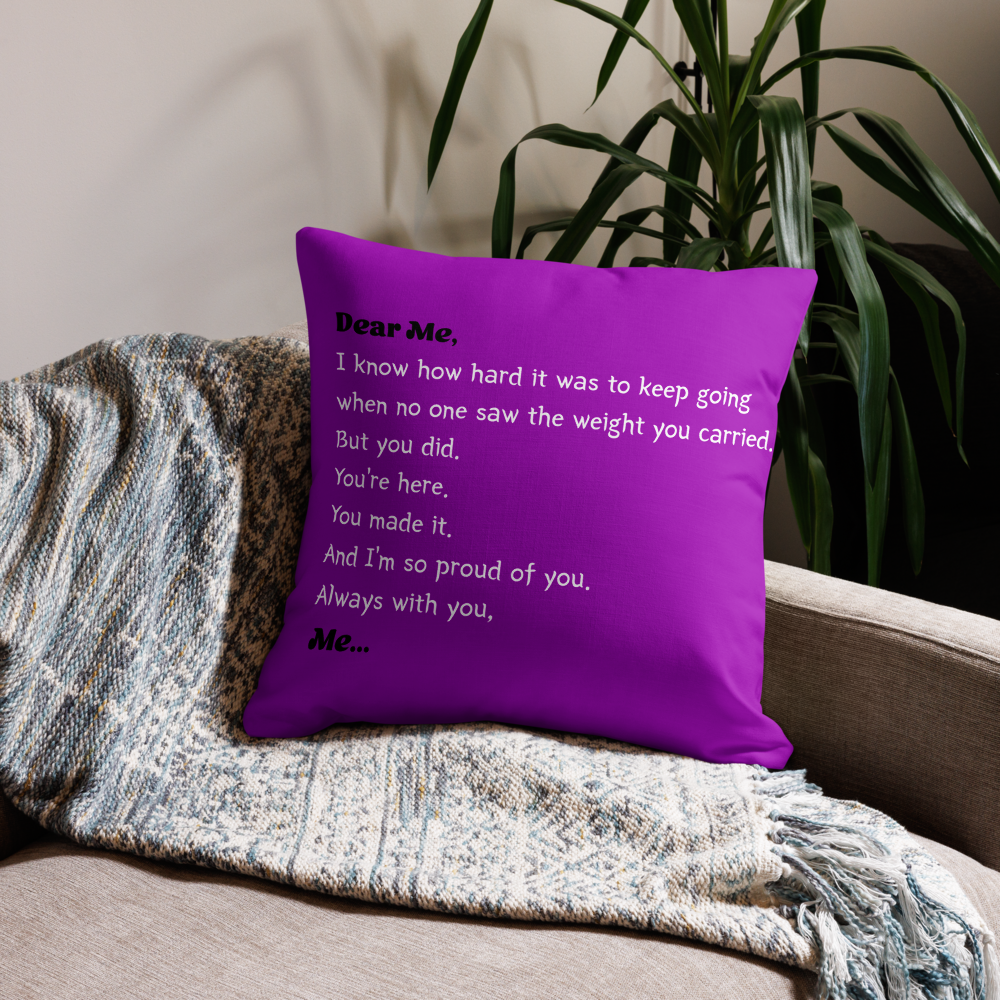 “Dear Me” Magenta Affirmation Premium Pillow – A Heartfelt Letter to Your Younger Self