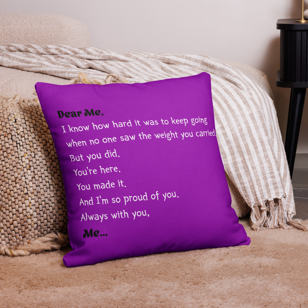 “Dear Me” Magenta Affirmation Premium Pillow – A Heartfelt Letter to Your Younger Self