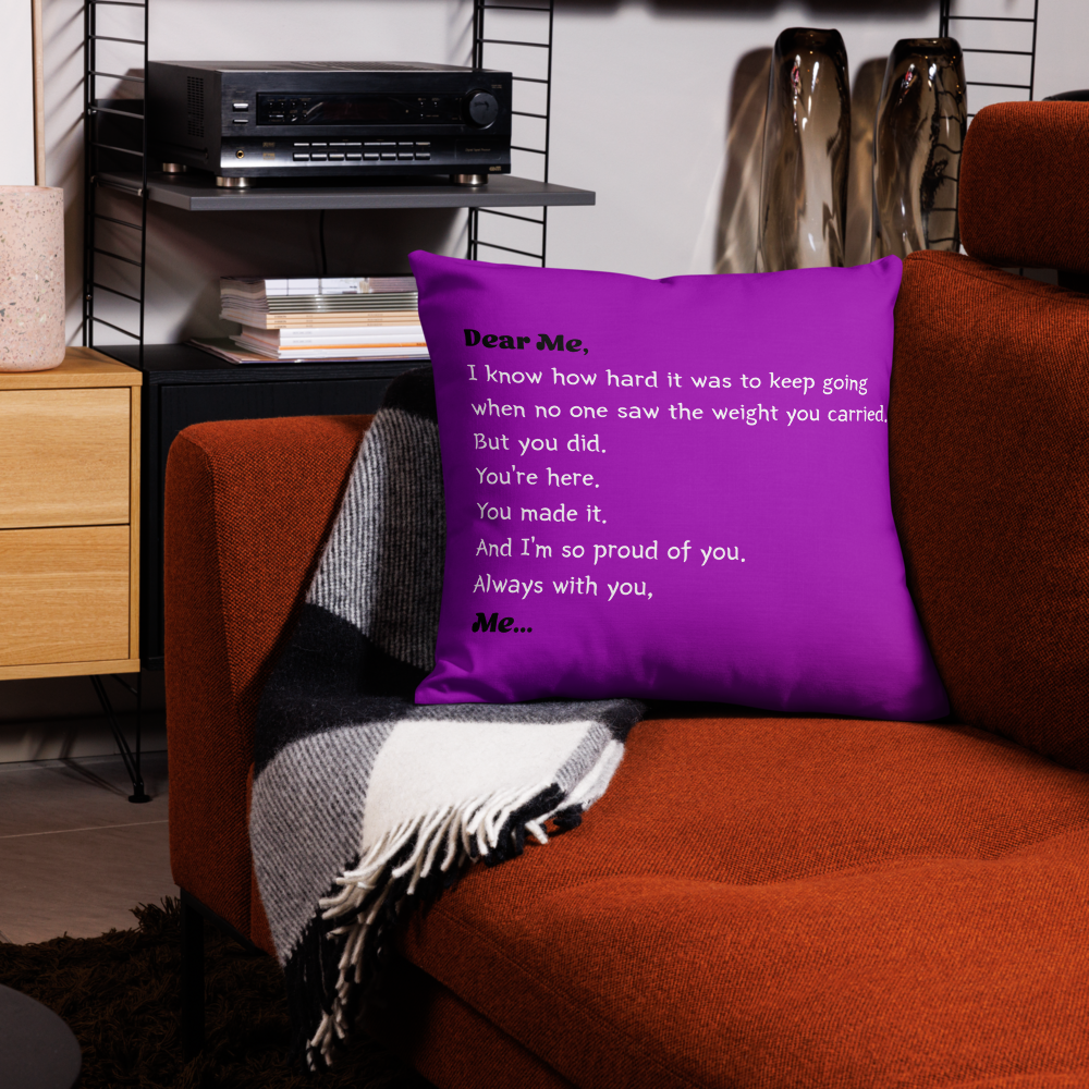 “Dear Me” Magenta Affirmation Premium Pillow – A Heartfelt Letter to Your Younger Self