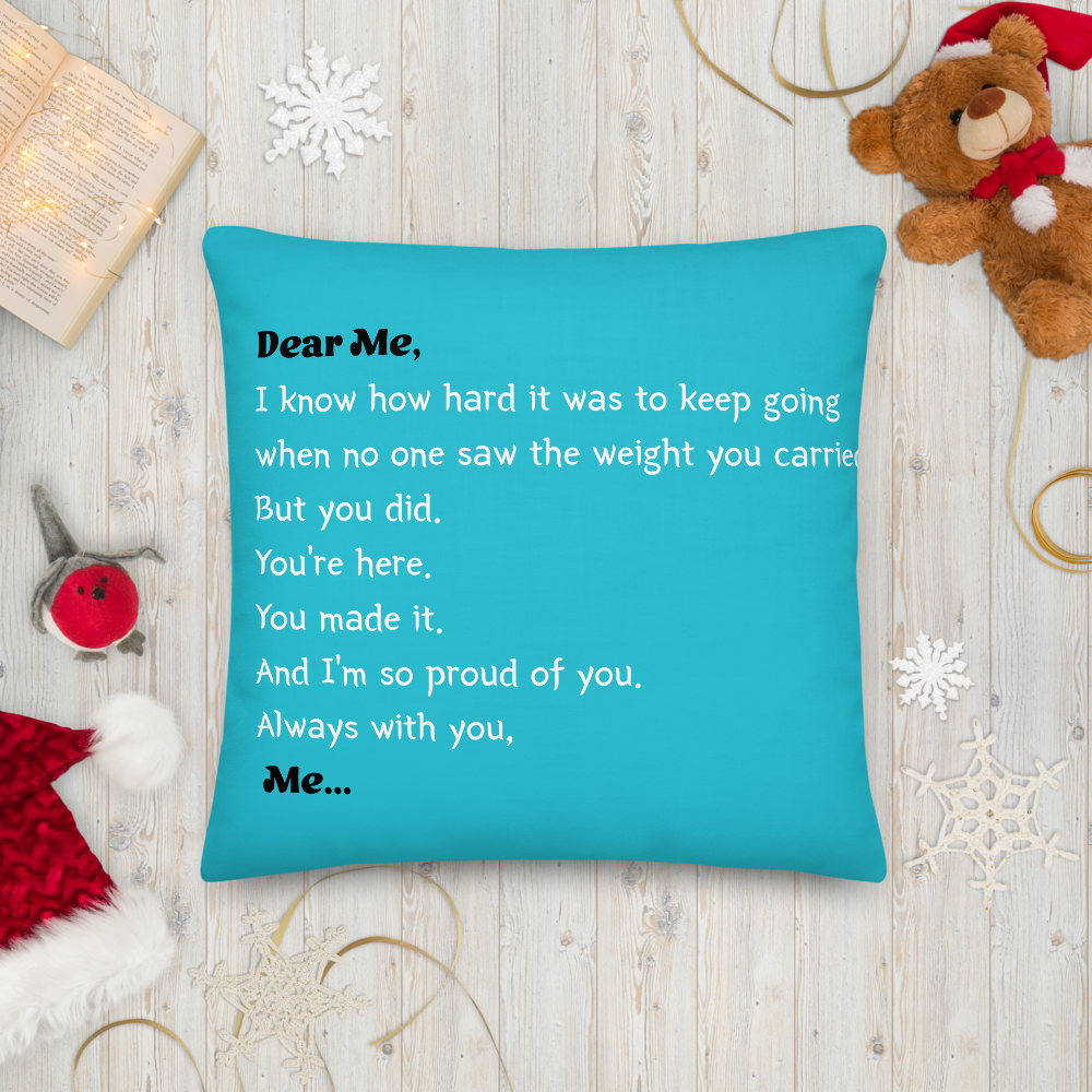 “Dear Me” Turquoise Affirmation Premium Pillow – A Heartfelt Letter to Your Younger Self