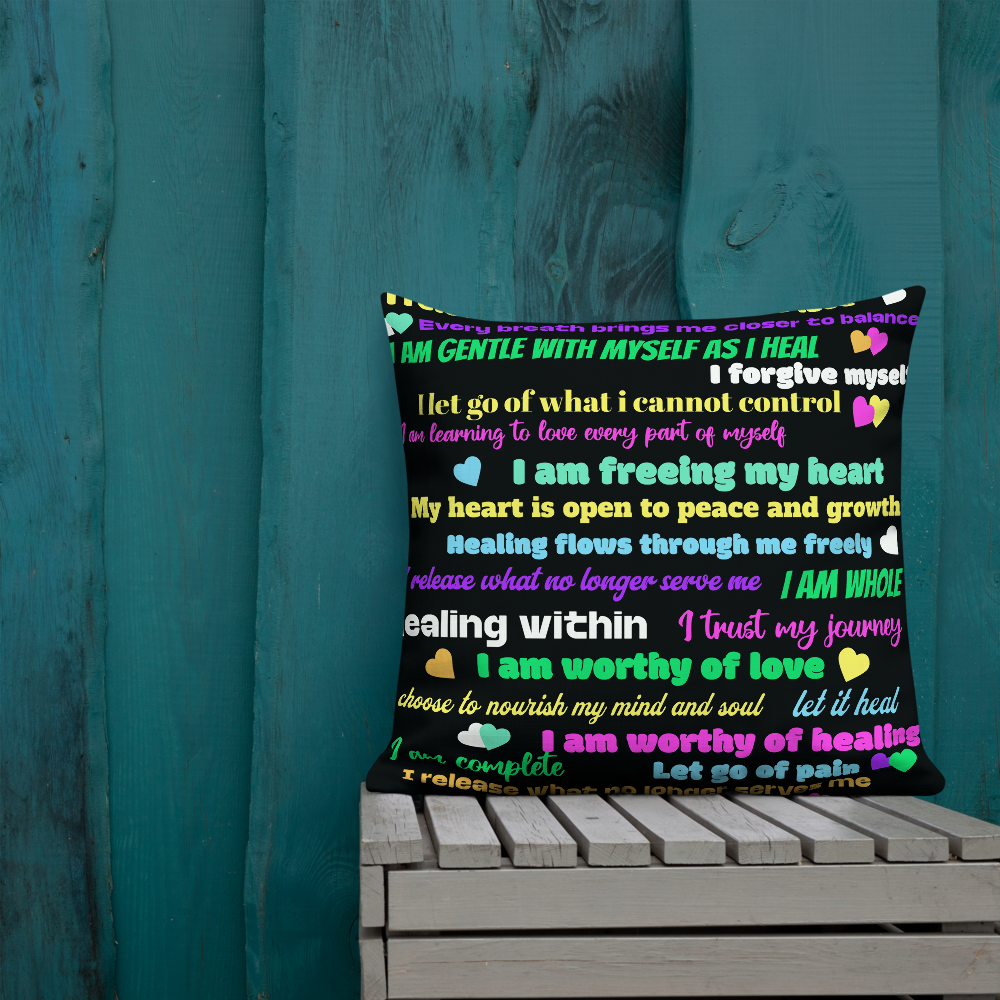 “Healing Within” Rainbow Affirmation Premium Pillow – Self-Love, Growth & Energy Balance
